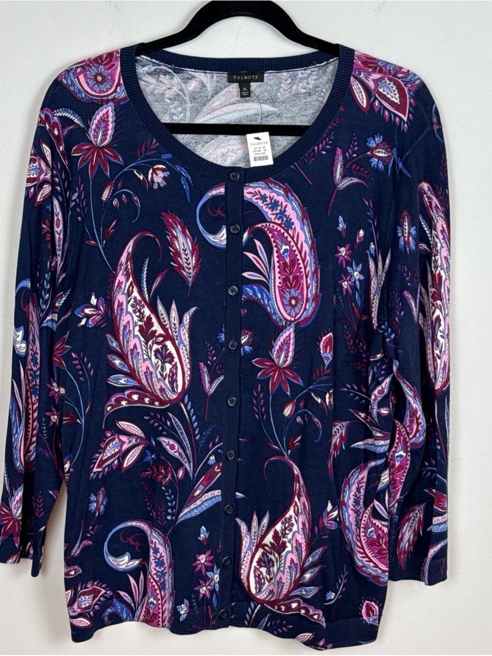 Talbots NWT Cardigan Sweater Women Blue Multi Paisley Knit 3/4 Sleeve XL